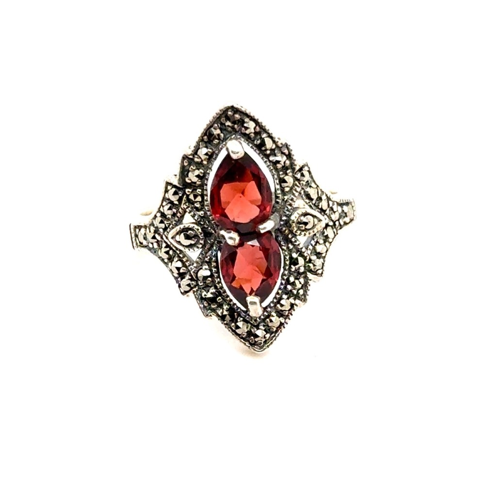 Vintage Sterling Silver Marcasite Red Garnet Art Deco Shield Ring Size 7